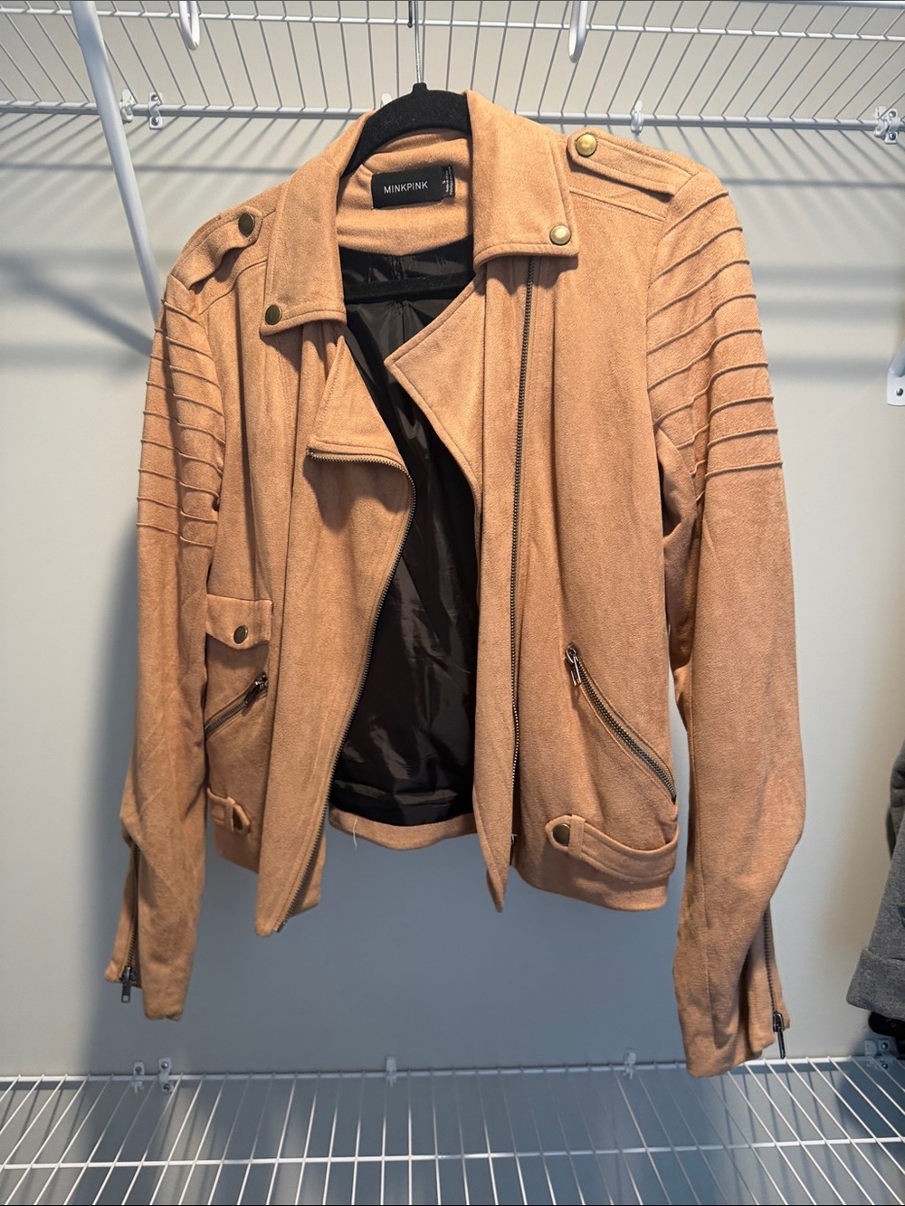 MINKPINK Tan Suede-Look Moto Jacket with Quilted Shoulders